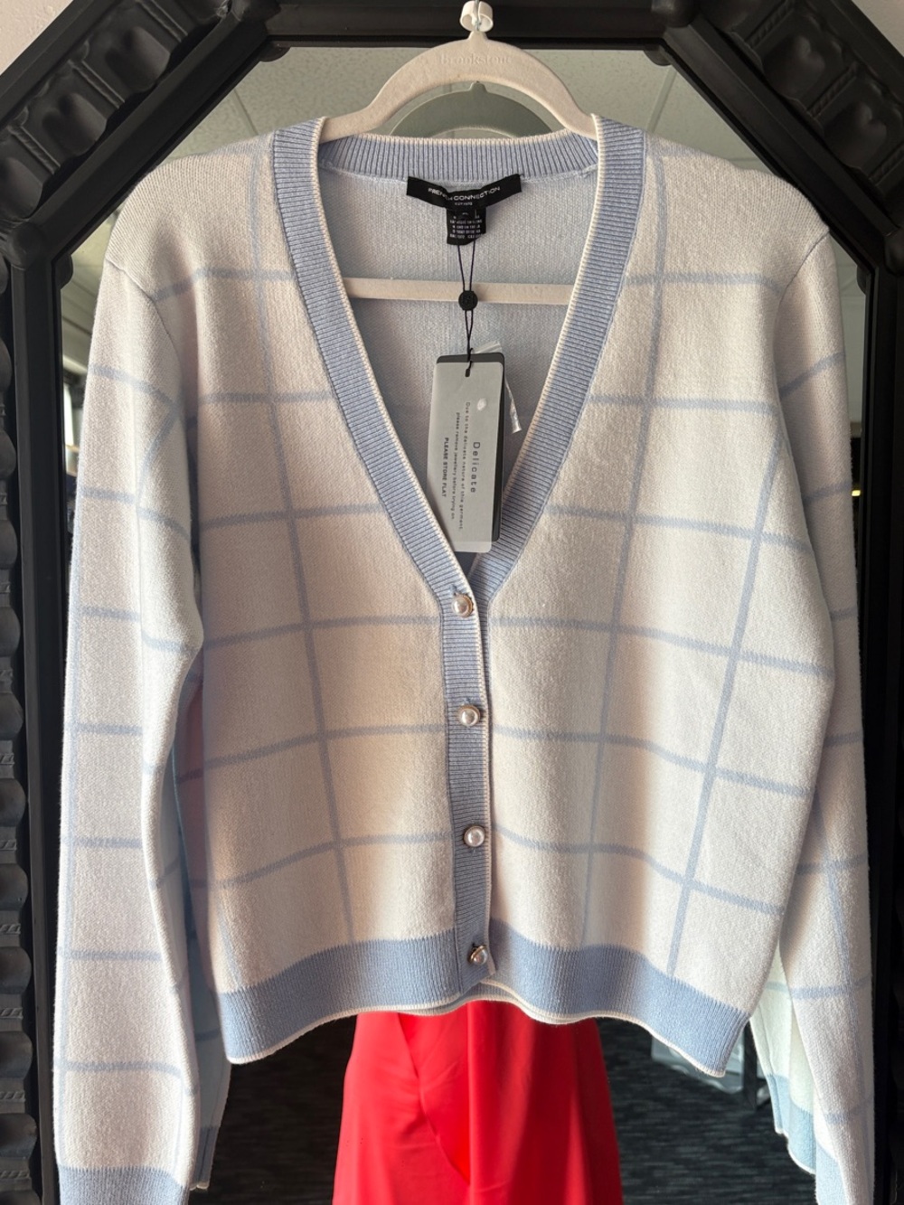 French Connection Pale Blue and White Windowpane V‑Neck Cardigan